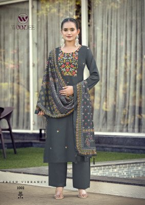Woodee Rutvi Liva Rayon Straight Cut Kurti Plazzo with Muslin Digital Dupatta Set Fancy Palazzo suit catalogue