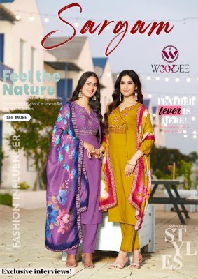 Woodee Sargam Rayon Kurti Palazzo Set with Muslin Dupatta (M–3XL) Fancy Palazzo suit catalogue