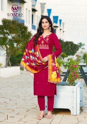 Woodee Sargam Rayon Kurti Palazzo Set with Muslin Dupatta (M–3XL) Fancy Palazzo suit catalogue