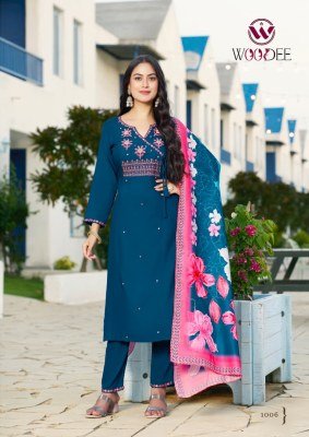 Woodee Sargam Rayon Kurti Palazzo Set with Muslin Dupatta (M–3XL) Fancy Palazzo suit catalogue