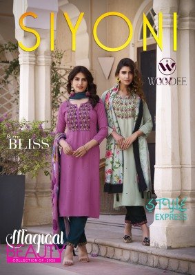 Woodee Siyoni Premium Rayon Kurti Palazzo Set with Muslin Digital Print Dupatta And Handwork Latkan Wholesale Woodee
