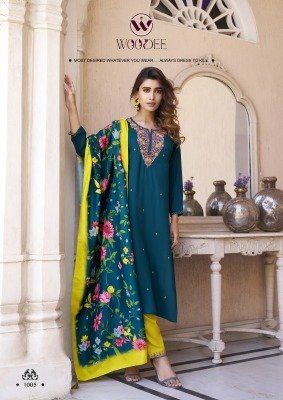 Woodee Siyoni Premium Rayon Kurti Palazzo Set with Muslin Digital Print Dupatta And Handwork Latkan Wholesale kurtis catalogs