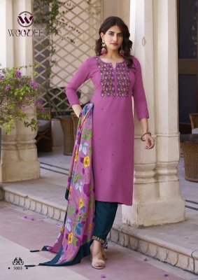 Woodee Siyoni Premium Rayon Kurti Palazzo Set with Muslin Digital Print Dupatta And Handwork Latkan Wholesale kurtis catalogs