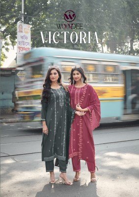 Woodee Victoria Premium Viscose Roman Silk Top And Pant Set with Cotton Inner and Thread Cutwork Dupatta Wholesale kurtis catalogs