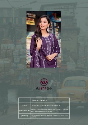 Woodee Victoria Premium Viscose Roman Silk Top And Pant Set with Cotton Inner and Thread Cutwork Dupatta Wholesale kurtis catalogs