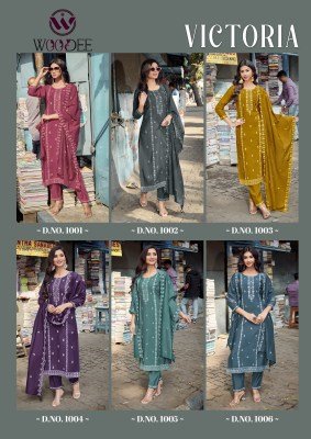 Woodee Victoria Premium Viscose Roman Silk Top And Pant Set with Cotton Inner and Thread Cutwork Dupatta Wholesale kurtis catalogs
