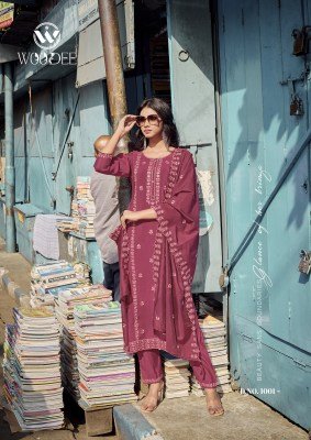 Woodee Victoria Premium Viscose Roman Silk Top And Pant Set with Cotton Inner and Thread Cutwork Dupatta Wholesale kurtis catalogs