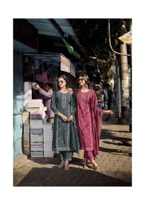 Woodee Victoria Premium Viscose Roman Silk Top And Pant Set with Cotton Inner and Thread Cutwork Dupatta Wholesale kurtis catalogs