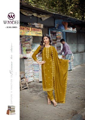 Woodee Victoria Premium Viscose Roman Silk Top And Pant Set with Cotton Inner and Thread Cutwork Dupatta Wholesale kurtis catalogs