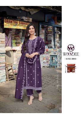 Woodee Victoria Premium Viscose Roman Silk Top And Pant Set with Cotton Inner and Thread Cutwork Dupatta Wholesale kurtis catalogs