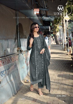 Woodee Victoria Premium Viscose Roman Silk Top And Pant Set with Cotton Inner and Thread Cutwork Dupatta Wholesale kurtis catalogs