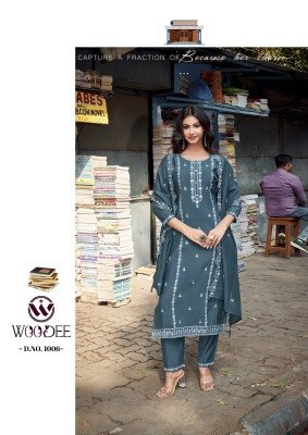Woodee Victoria Premium Viscose Roman Silk Top And Pant Set with Cotton Inner and Thread Cutwork Dupatta Wholesale kurtis catalogs