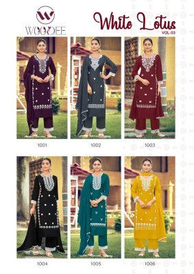 Woodee White Lotus Vol 3 Liva Rayon Kurti Palazzo Set with Nazneen Dupatta (S–3XL) Fancy Palazzo suit catalogue