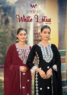 Woodee White Lotus Vol 3 Liva Rayon Kurti Palazzo Set with Nazneen Dupatta (S–3XL) Fancy Palazzo suit catalogue