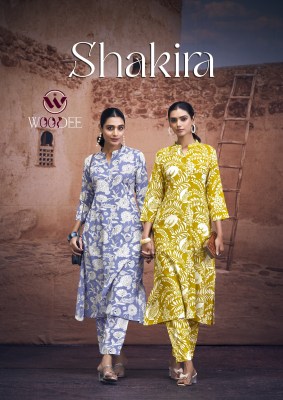 Woodee by Shakira Premium Heavy reyon printed two side pocket kurti with pant at affordable rate Amavi