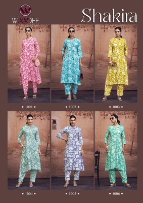 Woodee by Shakira Premium Heavy reyon printed two side pocket kurti with pant at affordable rate kurtis catalogs