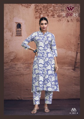 Woodee by Shakira Premium Heavy reyon printed two side pocket kurti with pant at affordable rate kurtis catalogs