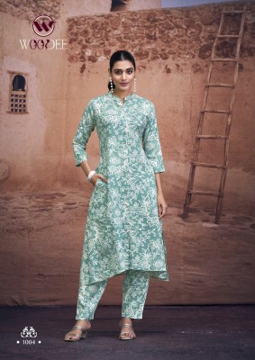 Woodee by Shakira Premium Heavy reyon printed two side pocket kurti with pant at affordable rate kurtis catalogs