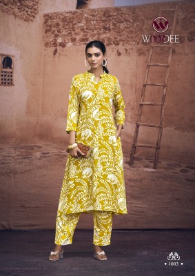 Woodee by Shakira Premium Heavy reyon printed two side pocket kurti with pant at affordable rate kurtis catalogs