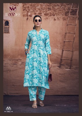 Woodee by Shakira Premium Heavy reyon printed two side pocket kurti with pant at affordable rate kurtis catalogs