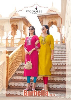 Wooglee Barbella Vol 13 Heavy Rayon Thread And Handwork Designer Kurti Wholesale kurtis catalogs
