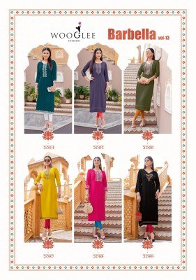 Wooglee Barbella Vol 13 Heavy Rayon Thread And Handwork Designer Kurti Wholesale kurtis catalogs