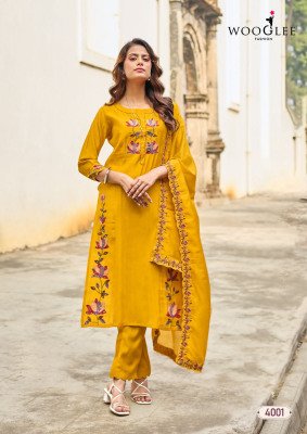 Wooglee Rudrika Viscose Weaving Handwork Kurti Pant Dupatta Set readymade suit catalogs
