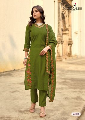 Wooglee Rudrika Viscose Weaving Handwork Kurti Pant Dupatta Set readymade suit catalogs
