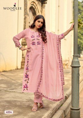 Wooglee Rudrika Viscose Weaving Handwork Kurti Pant Dupatta Set readymade suit catalogs