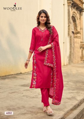 Wooglee Rudrika Viscose Weaving Handwork Kurti Pant Dupatta Set readymade suit catalogs