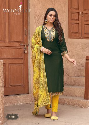 Wooglee Sagaai Vol 2 Viscose Weaving Top with Thread And Hand Work, Cotton Lycra Bottom, Bandhani Print Dupatta Wholesale kurtis catalogs