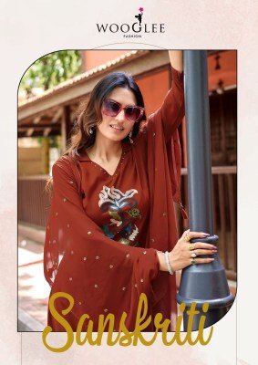 Wooglee Sanskriti Heavy Rayon Thread & Handwork Kurti Pant with Nazmeen Dupatta Set 