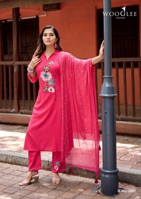 Wooglee Sanskriti Heavy Rayon Thread & Handwork Kurti Pant with Nazmeen Dupatta Set kurti pant with dupatta Catalogs