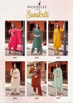 Wooglee Sanskriti Heavy Rayon Thread & Handwork Kurti Pant with Nazmeen Dupatta Set kurti pant with dupatta Catalogs