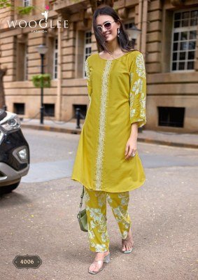 Wooglee Yanaa Collection Heavy Rayon Handwork Kurti with Printed Bottom kurtis catalogs