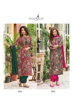 Wooglee by Khwaab modal printed cotton embroidered kurti pant and dupatta catalogue at low rate readymade suit catalogs