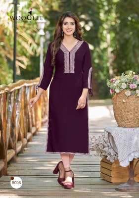 Wooglee by shloka heavy reyon fancy kurti with embroidered neck designe at wholsale rate kurtis catalogs