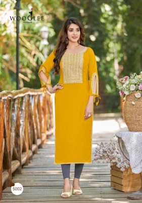 Wooglee by shloka heavy reyon fancy kurti with embroidered neck designe at wholsale rate kurtis catalogs