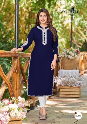 Wooglee by shloka heavy reyon fancy kurti with embroidered neck designe at wholsale rate kurtis catalogs