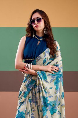 YNF7008 Satin Silk Floral Printed Saree with Stitched Silk Lace Blouse sarees
