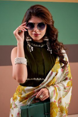 YNF7008 Satin Silk Floral Printed Saree with Stitched Silk Lace Blouse sarees