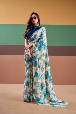 YNF7008 Satin Silk Floral Printed Saree with Stitched Silk Lace Blouse sarees