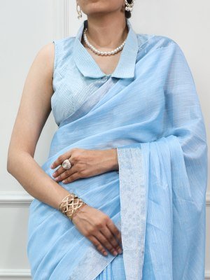 YNF7501 Linen Saree with Zari Border and Striped Blouse sarees catalogs