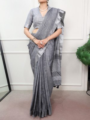 YNF7501 Linen Saree with Zari Border and Striped Blouse sarees catalogs