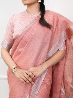 YNF7501 Linen Saree with Zari Border and Striped Blouse sarees catalogs