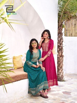 Yashika by Blue Hills Reyon foil printed Anarkali Gown with Neck Embroidery catalogue at low rate gown catalogs