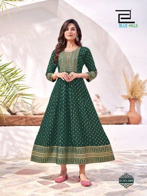 Yashika by Blue Hills Reyon foil printed Anarkali Gown with Neck Embroidery catalogue at low rate gown catalogs