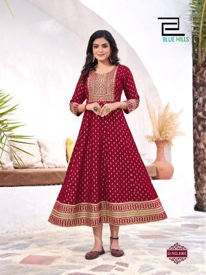 Yashika by Blue Hills Reyon foil printed Anarkali Gown with Neck Embroidery catalogue at low rate gown catalogs