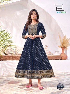 Yashika by Blue Hills Reyon foil printed Anarkali Gown with Neck Embroidery catalogue at low rate gown catalogs