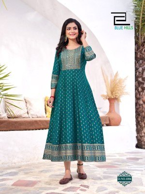 Yashika by Blue Hills Reyon foil printed Anarkali Gown with Neck Embroidery catalogue at low rate gown catalogs